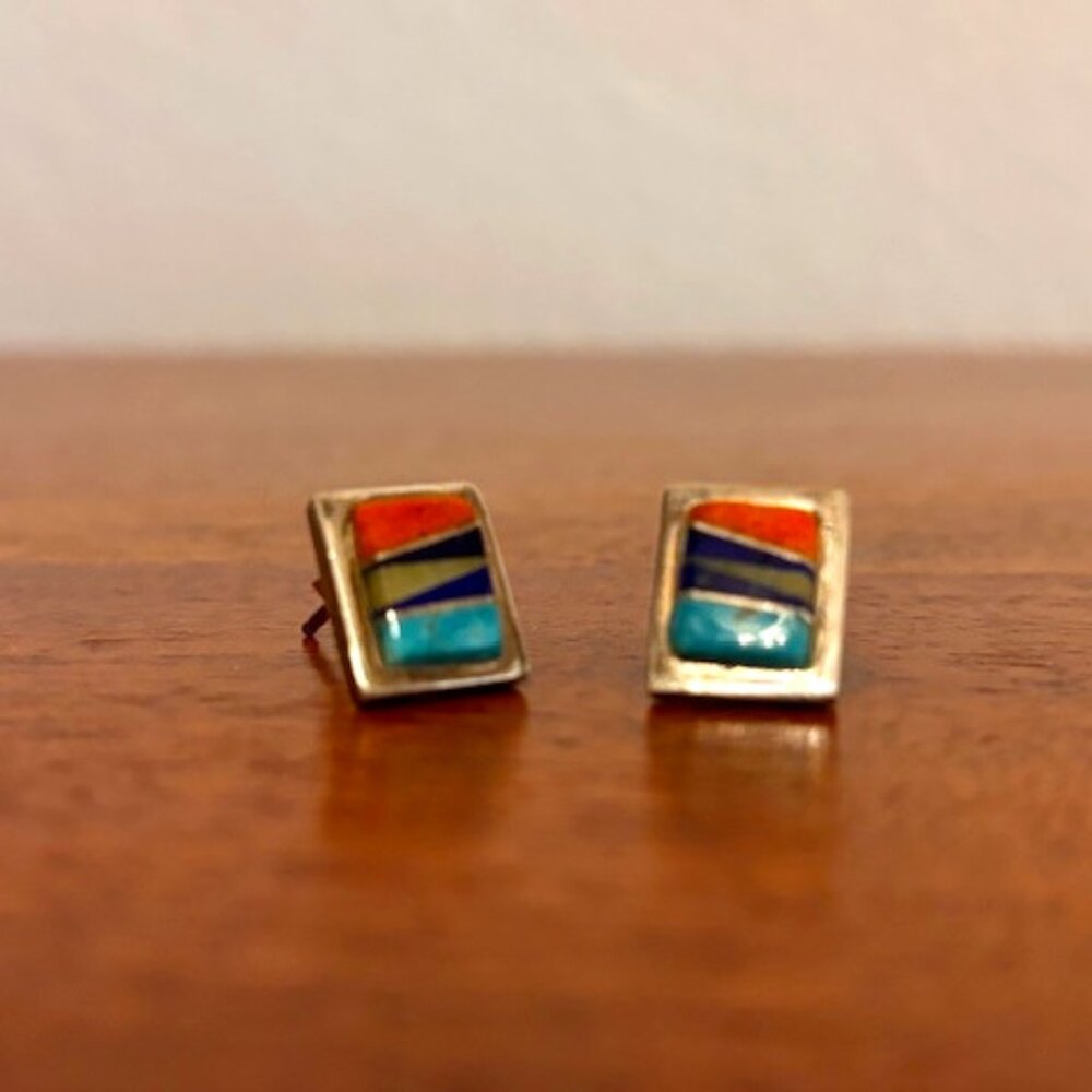 Vintage Sterling Silver Inlaid Stone Rectangular Post Earrings; New Mexico